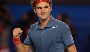 Switzerland's Roger Federer celebrates after victory in his men's singles match against France's Jo-Wilfried Tsonga  on day eight of the 2014 Australian Open tennis tournament in Melbourne on January 20, 2014.      IMAGE RESTRICTED TO EDITORIAL USE - STRICTLY NO COMMERCIAL USE                             AFP PHOTO / GREG WOOD        (Photo credit should read GREG WOOD/AFP/Getty Images)