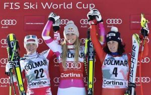 Lindsey Vonn of the U.S. (C) celebrates on the podium with second placed Elisabeth Goergl of Austria (L) and third placed Daniela Meringhetti of Italy after winning the women's World Cup Downhill skiing race in Cortina D'Ampezzo January 18, 2015.   REUTERS/Stringer       (ITALY - Tags: SPORT SKIING)